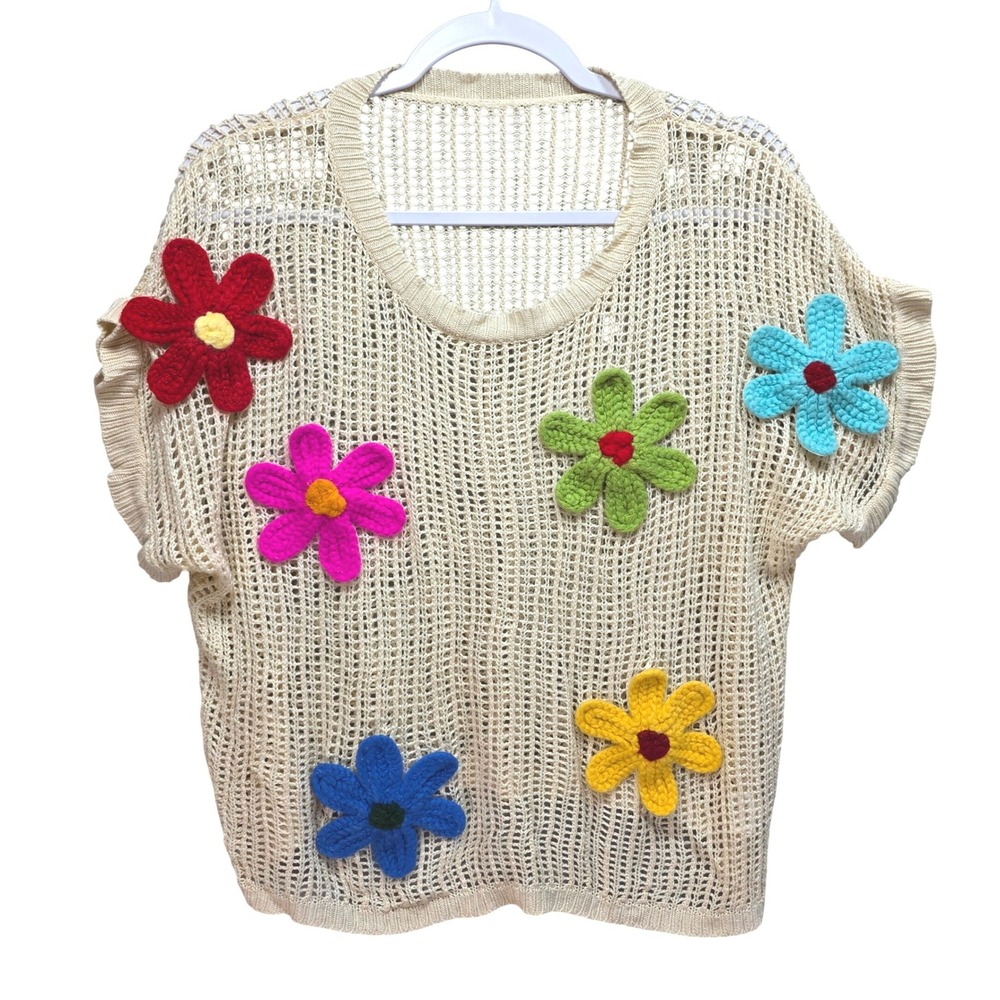 Womens L Crochet Floral Applique Sweater Top 3D Flowers Boho Cottagecore Ivory